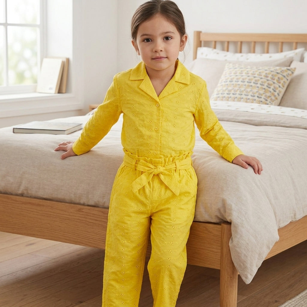 Girls Yellow Schiffli Embroidery Long-Sleeve Shirt & Self-Fabric Belt Trouser Co-Ord Set
