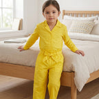Girls Yellow Schiffli Embroidery Long-Sleeve Shirt & Self-Fabric Belt Trouser Co-Ord Set