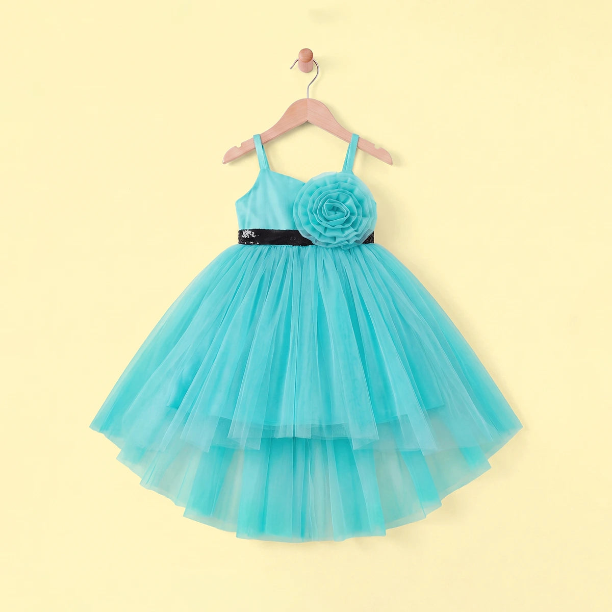 Girls Turquoise Floral Applique High Low Sleeveless Party Wear Dress