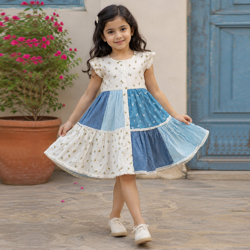 Girls White Cotton Cap-Sleeve Printed Patch Layered Tiered Dress