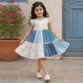 Girls White Cotton Cap-Sleeve Printed Patch Layered Tiered Dress