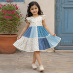 Girls White Cotton Cap-Sleeve Printed Patch Layered Tiered Dress
