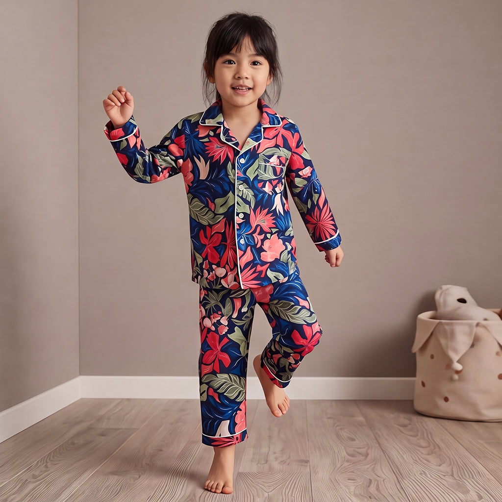 Girls Multicolor Floral Printed Long Sleeve Shirt With Elasticated Pants Nightwear Sets