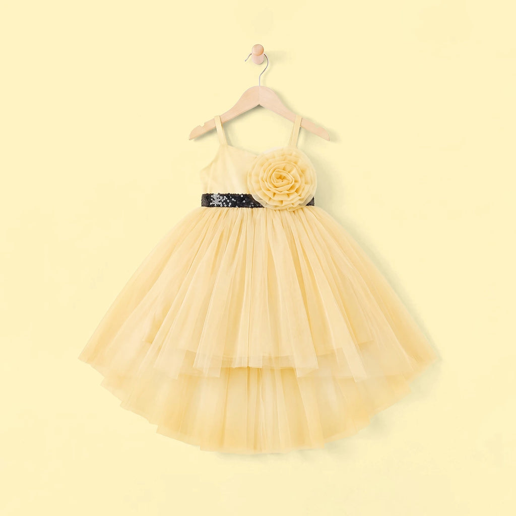 Girls Yellow Flower Applique High Low Sleeveless Party Wear Dress