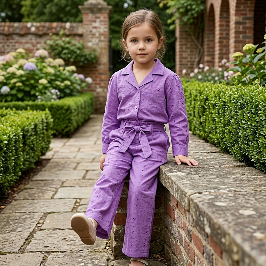 Girls Purple Schiffli Embroidery Long-Sleeve Shirt & Self-Fabric Belt Trouser Co-Ord Set