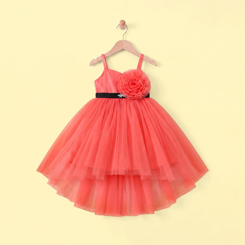 Girls Coral Floral Applique High Low Sleeveless Party Wear Dress