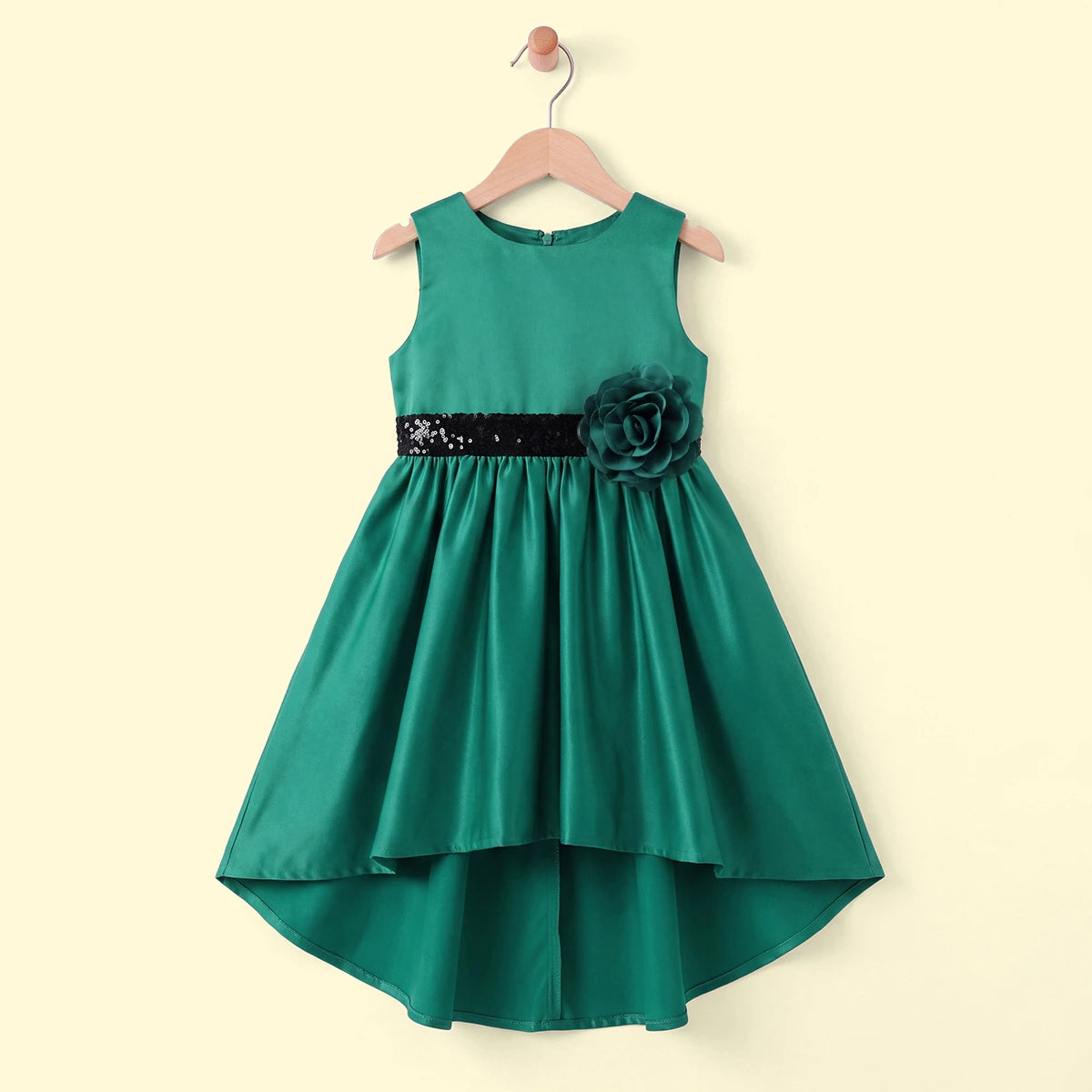 Girls Green Floral Applique High Low Sleeveless Party Wear Dress