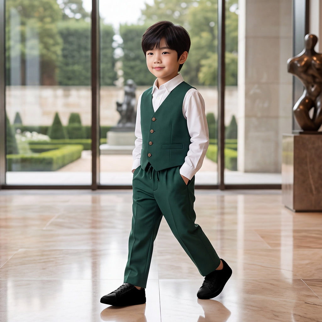 Toddler Boys Green 3Pcs Outfit Set Shirt with Waist Coat and Pants Suit