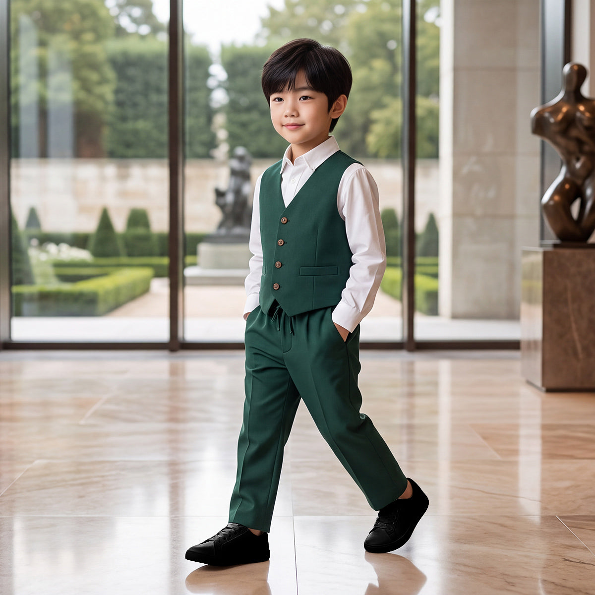 Toddler Boys Green 3Pcs Outfit Set Shirt with Waist Coat and Pants Suit