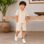 Boys Light Khaki Short Sleeve Shirt With Drawcord Waist Shorts Sets