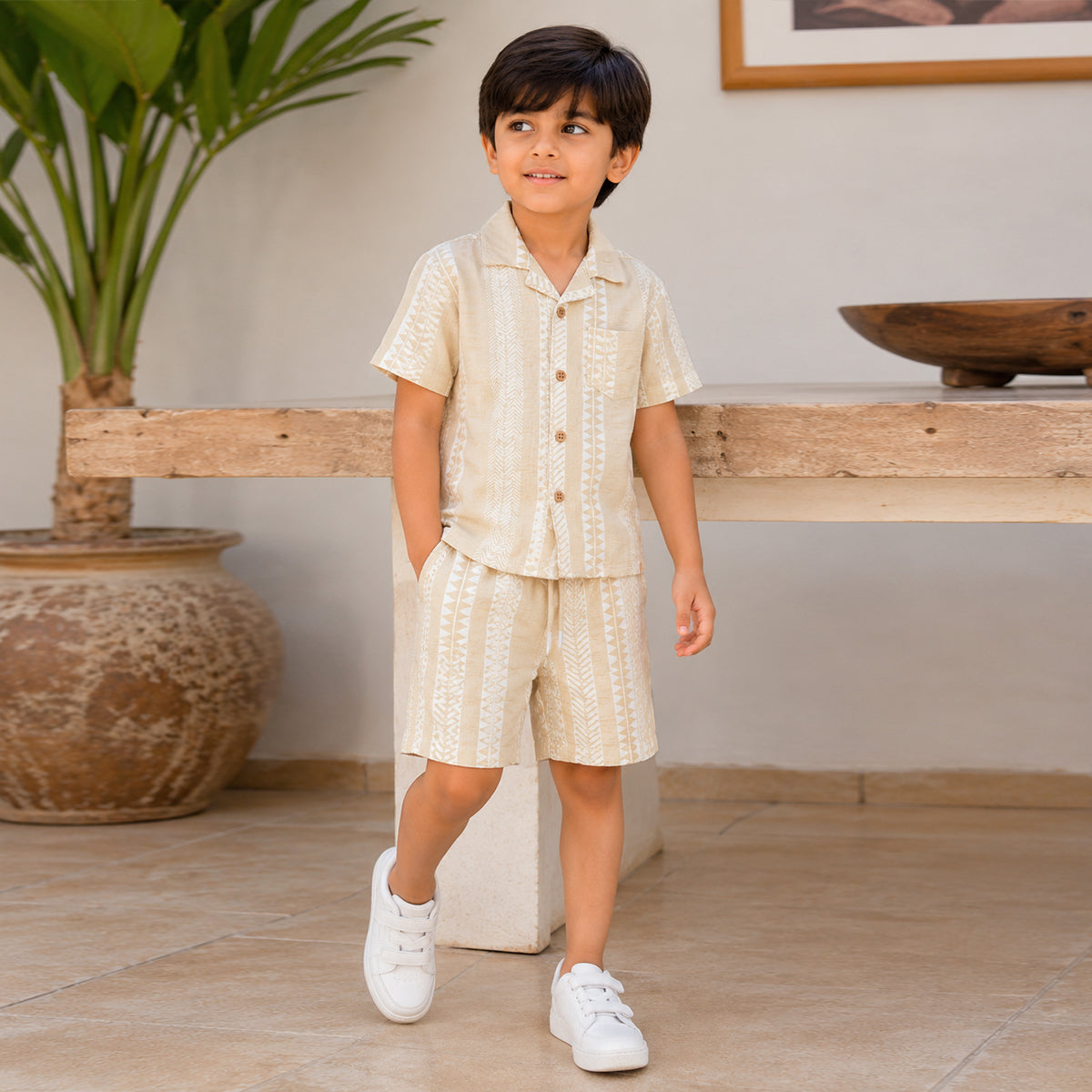 Boys Light Khaki Short Sleeve Shirt With Drawcord Waist Shorts Sets