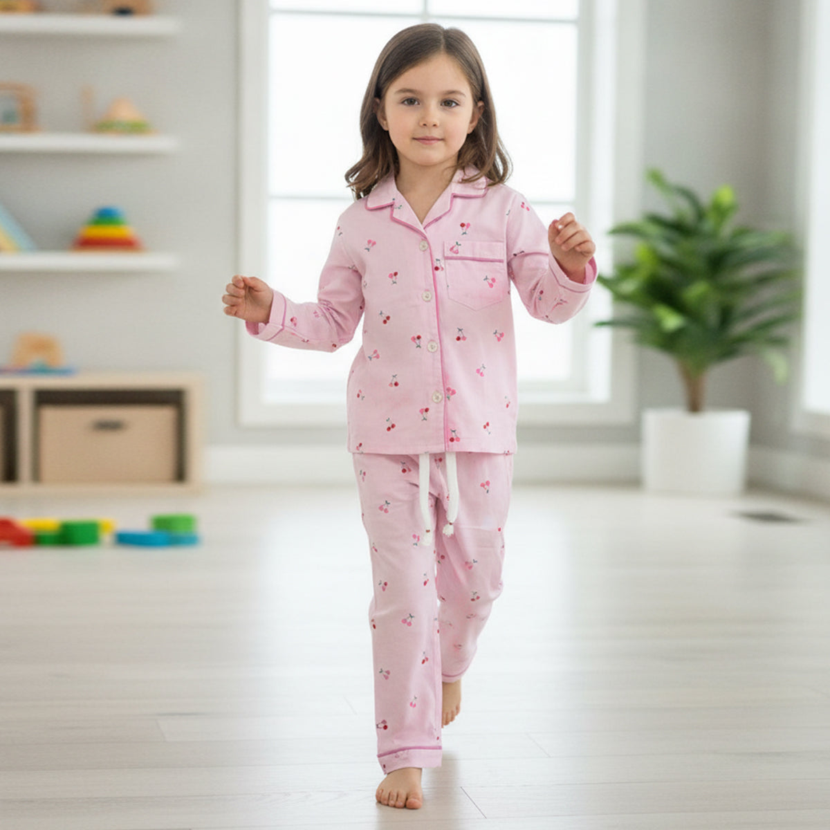 Girls Pink Cherry Printed Button-Down Long-Sleeve Shirt & Pants Nightwear Set