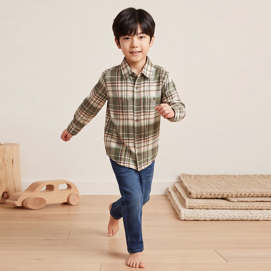 Boys Green Flannel Long Sleeve Checked Shirt