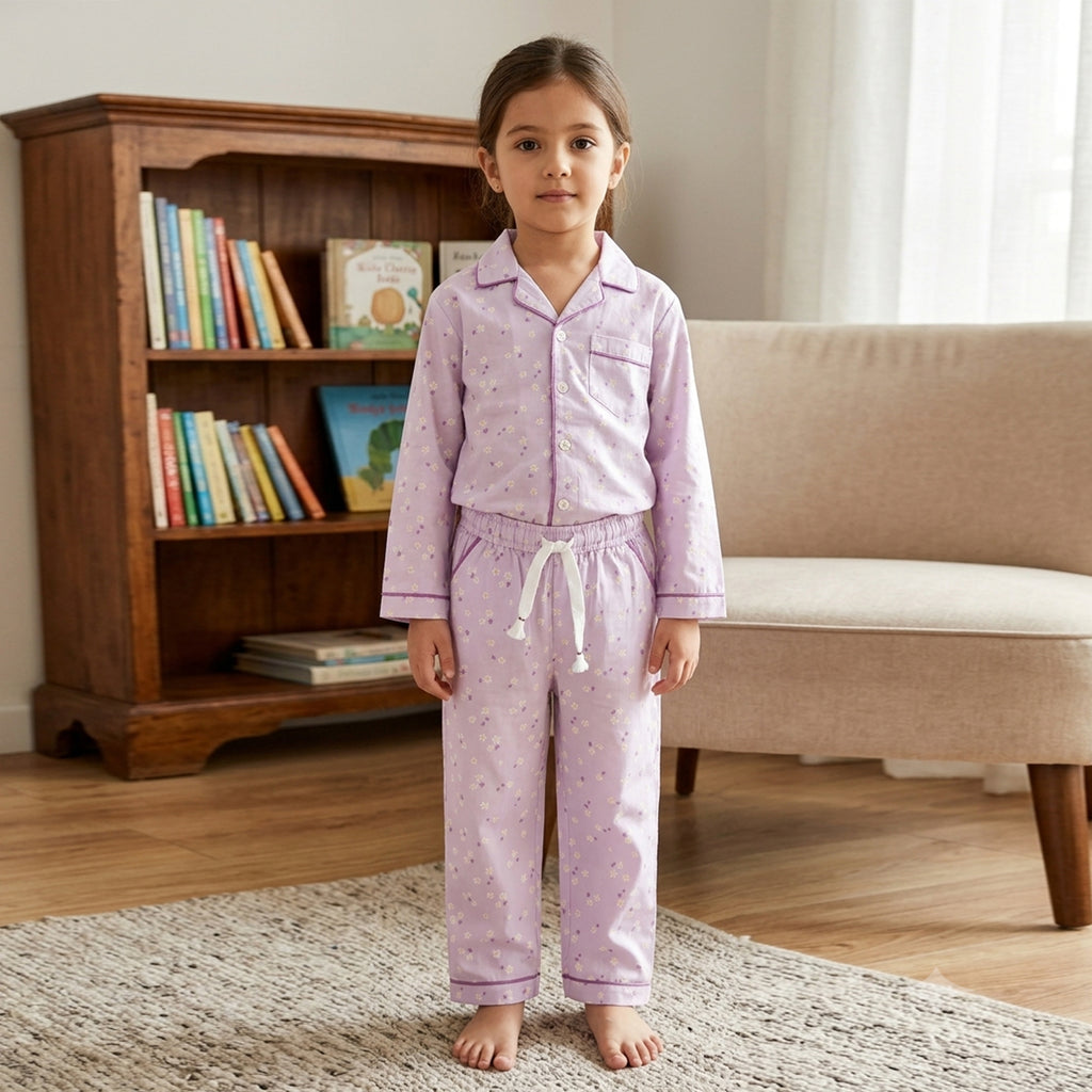 Girls Lilac Floral Printed Button-Down Long-Sleeve Shirt & Pants Nightwear Set