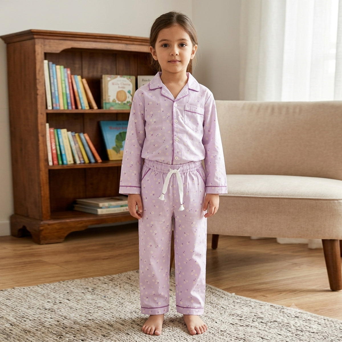 Girls Lilac Floral Printed Button-Down Long-Sleeve Shirt & Pants Nightwear Set