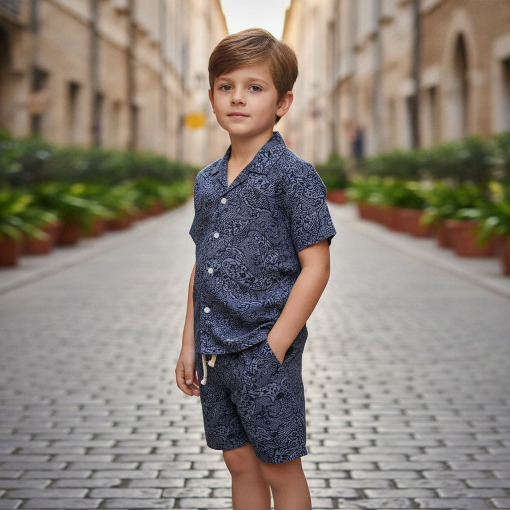 Boys Navy Paisly Printed Short Sleeve Shirt With Elasticated Shorts Co-ord Set