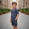 Boys Navy Paisly Printed Short Sleeve Shirt With Elasticated Shorts Co-ord Set