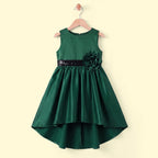 Girls Dark Green Floral Applique High Low Sleeveless Party Wear Dress