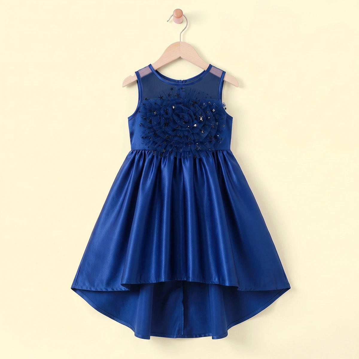Girls Navy Blue Floral Applique High Low Sleeveless Party Wear Dress