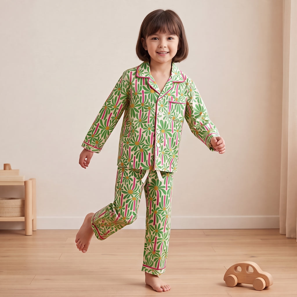 Girls Green Floral Printed Long Sleeve Shirt With Elasticated Pants Nightwear Sets