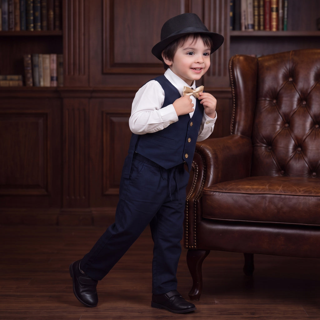 Toddler Boys Navy 3Pcs Outfit Set Shirt with Waist Coat and Pants Suit
