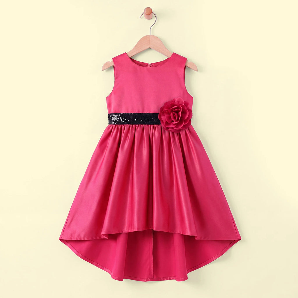 Girls Pink Floral Applique High Low Sleeveless Party Wear Dress