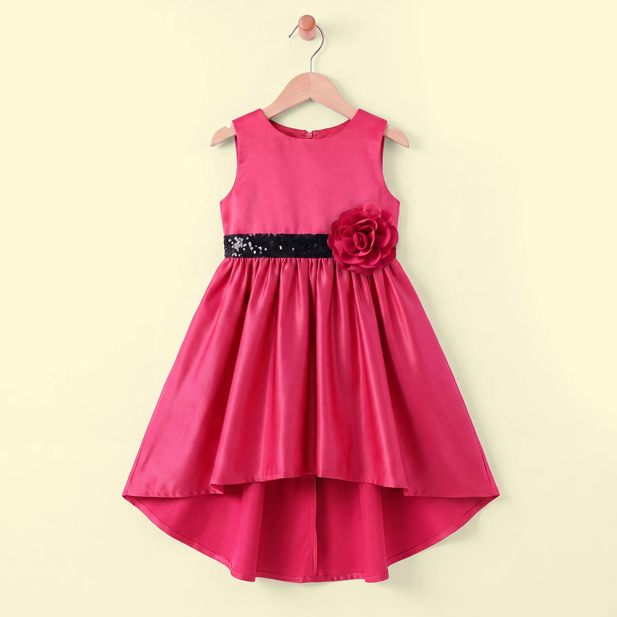 Girls Pink Floral Applique High Low Sleeveless Party Wear Dress