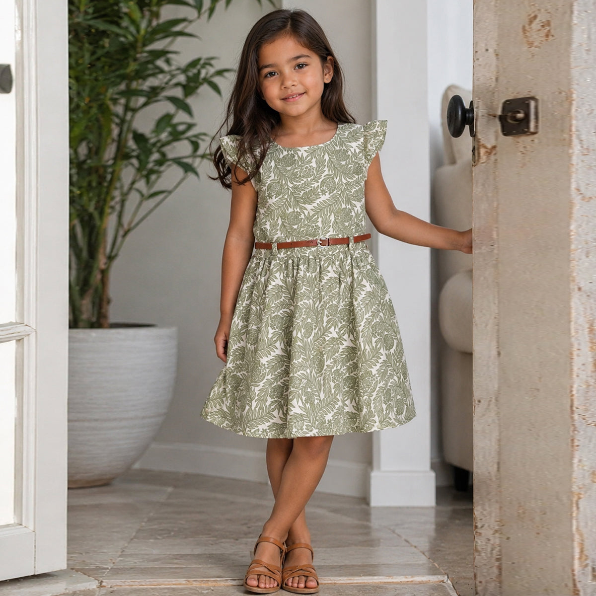 Girls Green Flying Sleeve Fit & Flare Dress With PU Belt