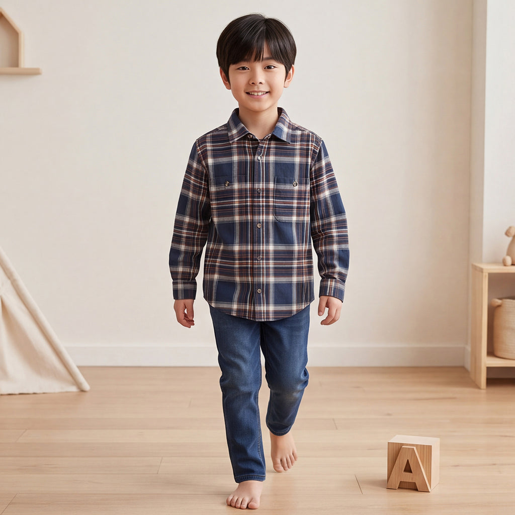 Boys Blue Flannel Long Sleeve Checked Shirt