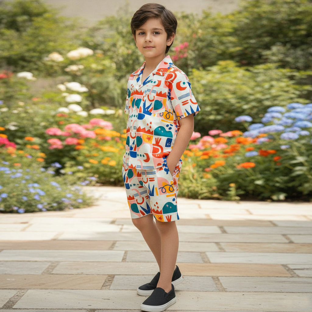 Boys Multicolour Short Sleeve Printed Shirt With Drawcord Waist Shorts Sets