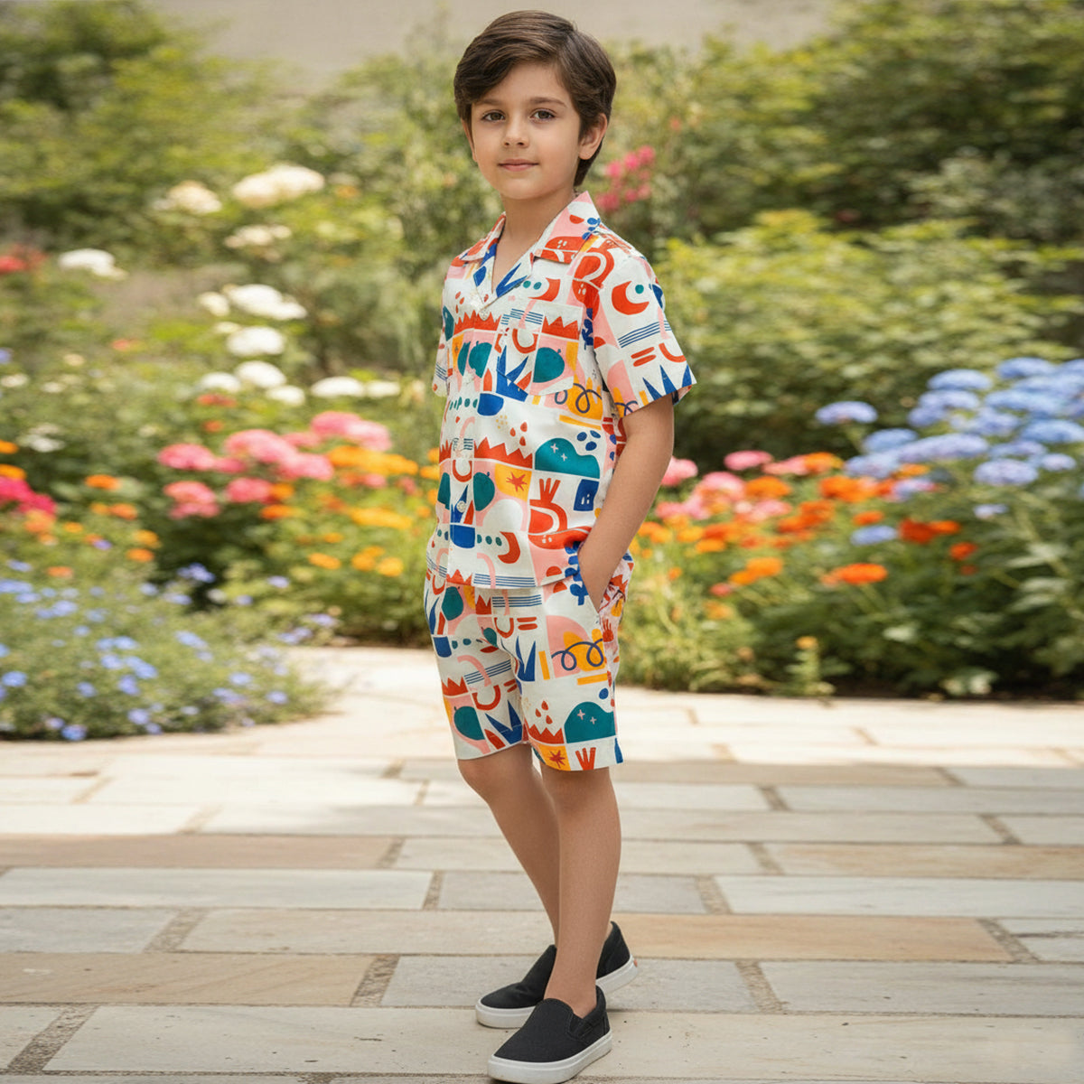 Boys Multicolour Short Sleeve Printed Shirt With Drawcord Waist Shorts Sets
