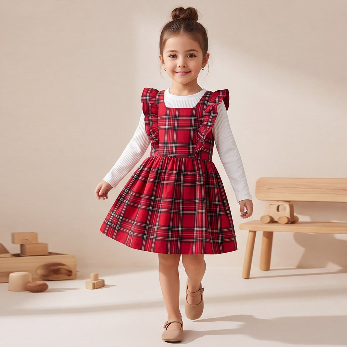 Girls Red Flannel Dress With Long Sleeve Textured T-Shirt