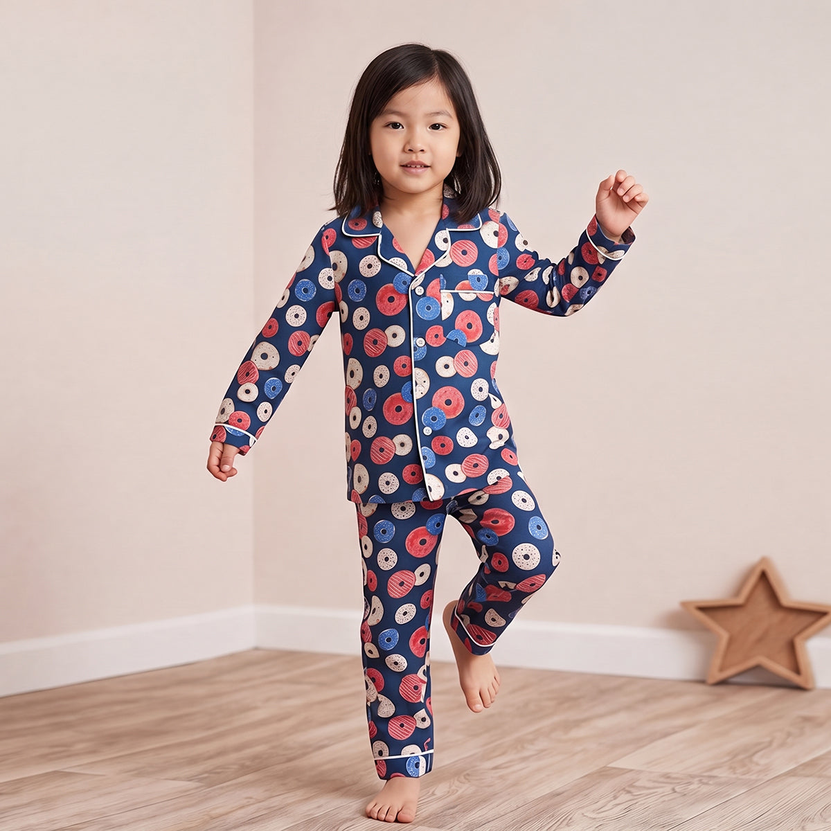 Girls Pink Printed Long Sleeve Shirt With Elasticated Pants Nightwear Sets