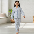 Girls White Printed Button-Down Long-Sleeve Shirt & Pants Nightwear Set