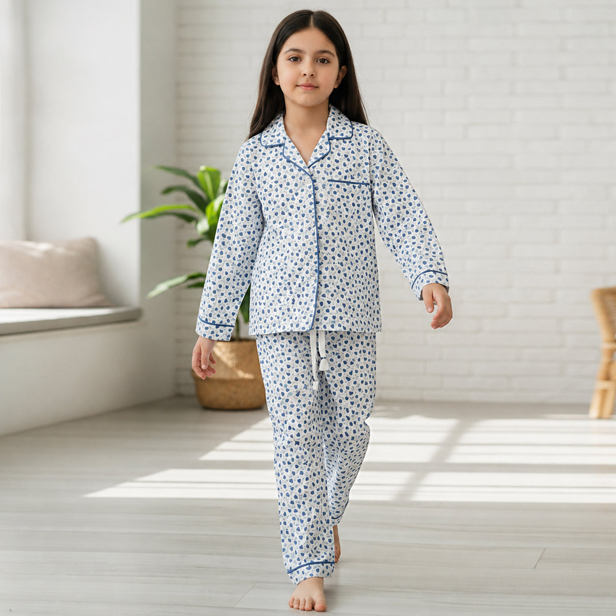 Girls White Printed Button-Down Long-Sleeve Shirt & Pants Nightwear Set