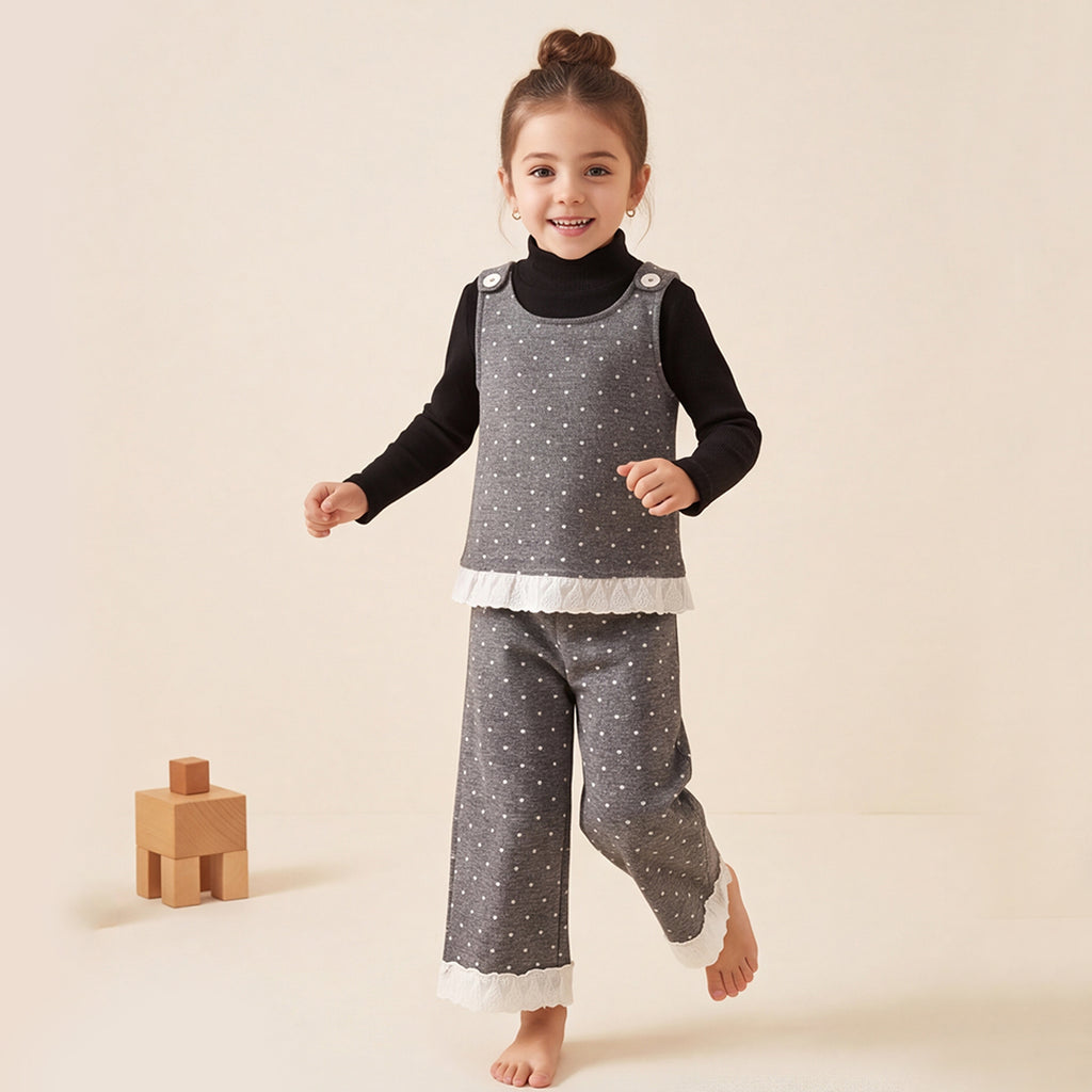 Girls Grey Polka Dot Printed Top With Long Sleeve T-Shirt And Trouser Set