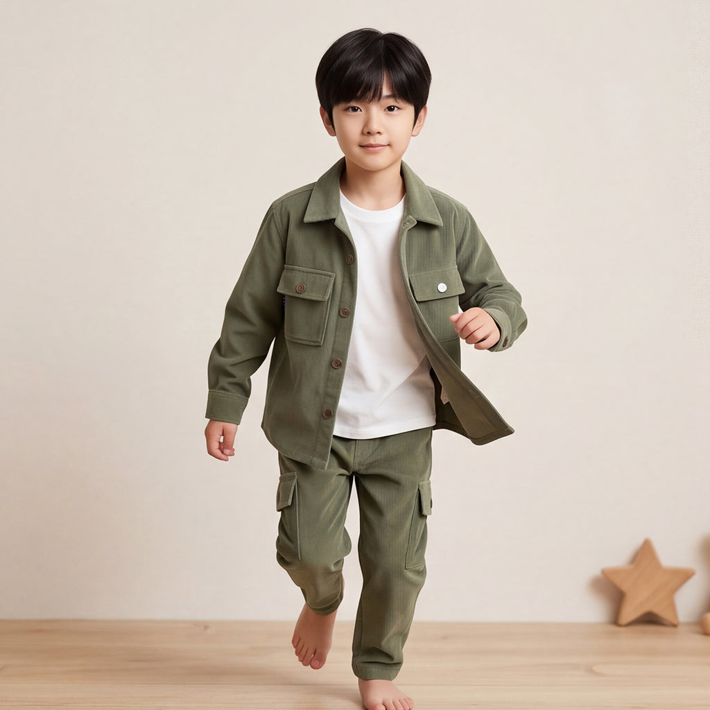 Boys Green Cotton Corduroy Shirt With Trousers Set