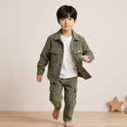 Boys Green Cotton Corduroy Shirt With Trousers Set