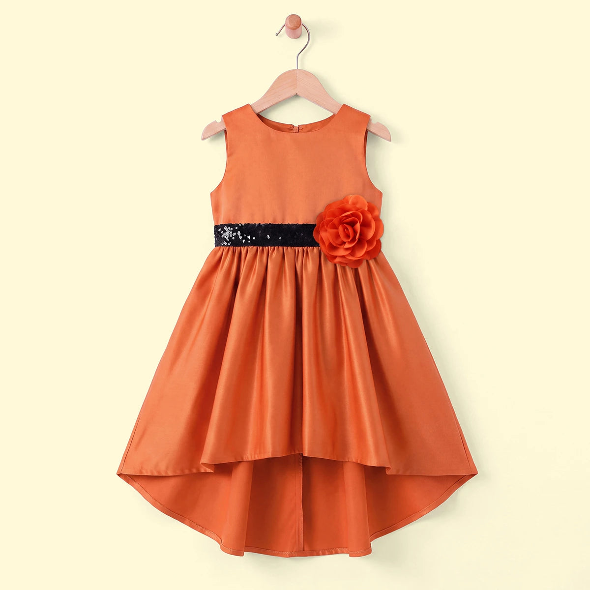 Girls Orange Floral Applique High Low Sleeveless Party Wear Dress