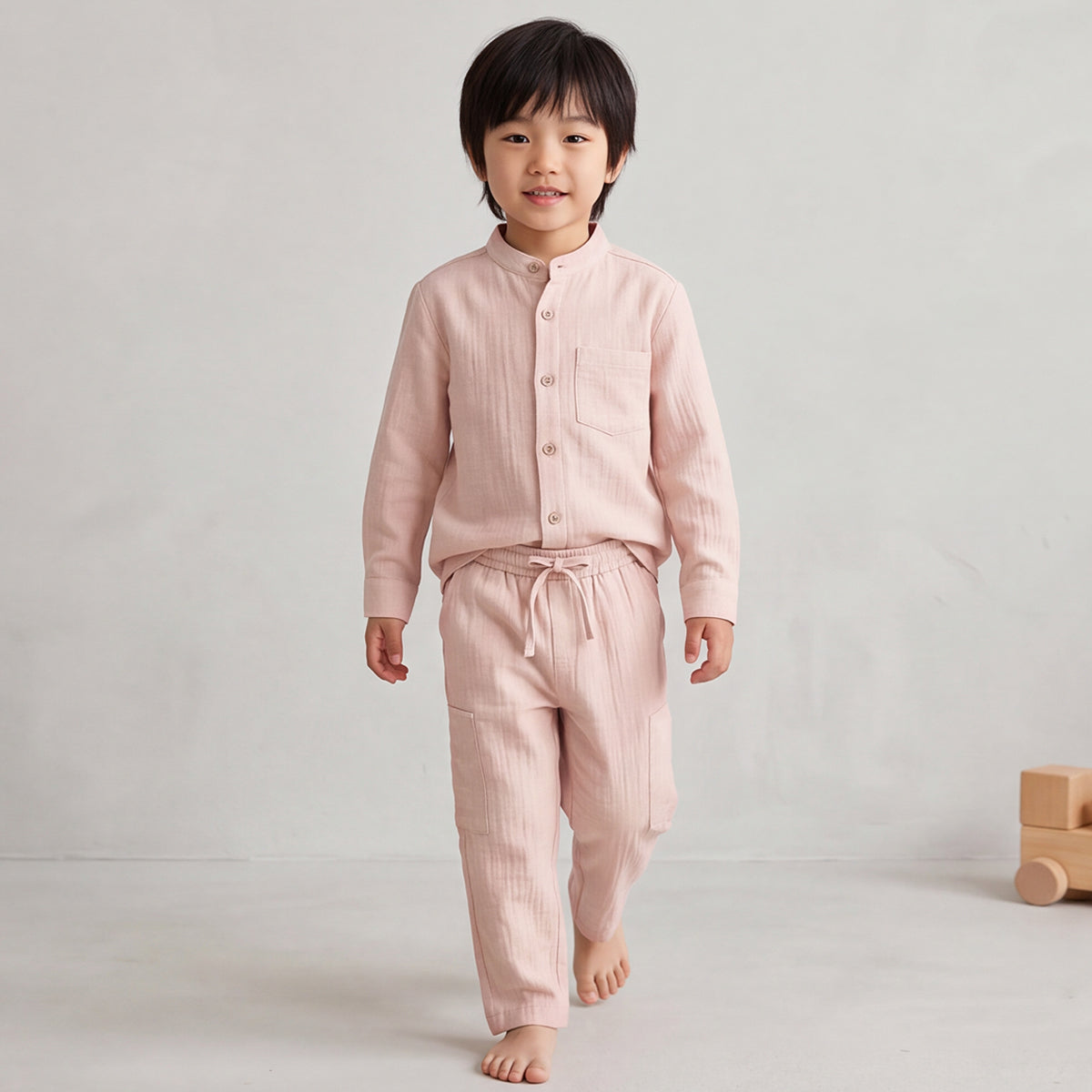Boys Pink Mandarin collar Shirt With Elasticated Pants Set