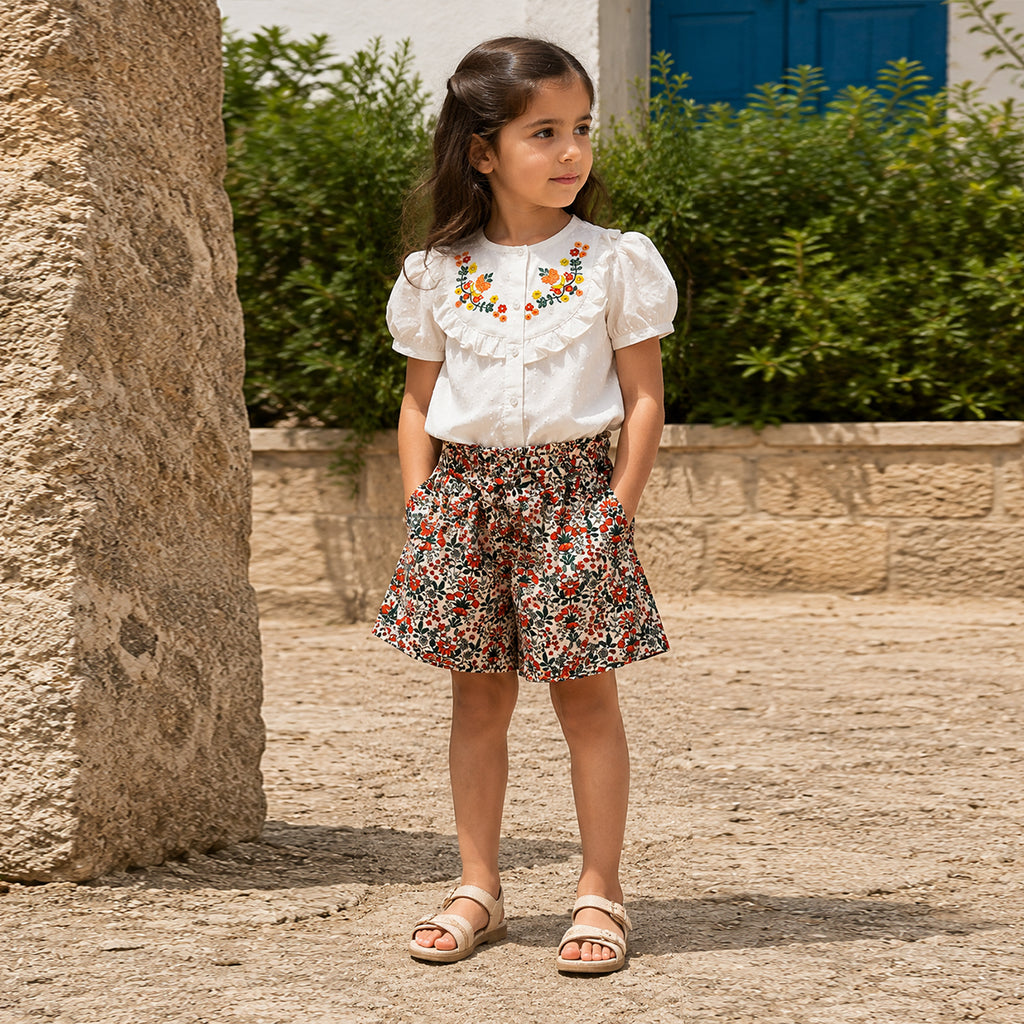 Girls White Short Sleeve Embroidered Top With Printed Shorts Sets