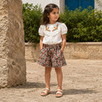 Girls White Short Sleeve Embroidered Top With Printed Shorts Sets