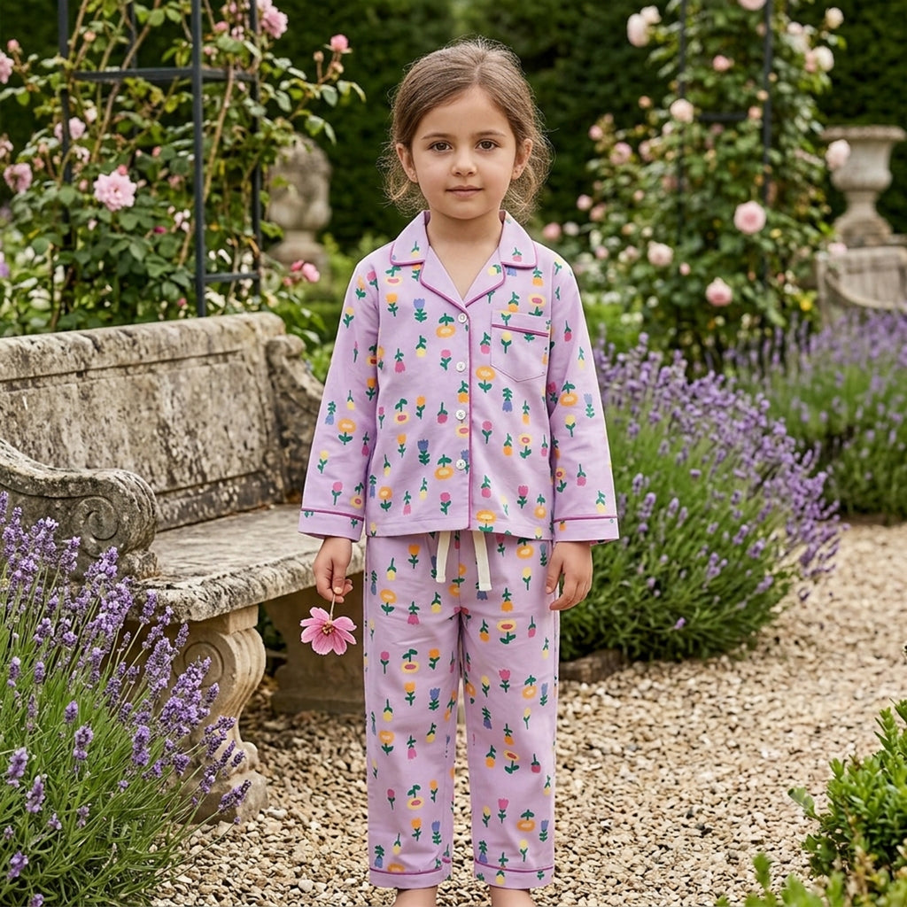 Girls Lilac Flower Print Button-Down Long-Sleeve Shirt & Pants Nightwear Set