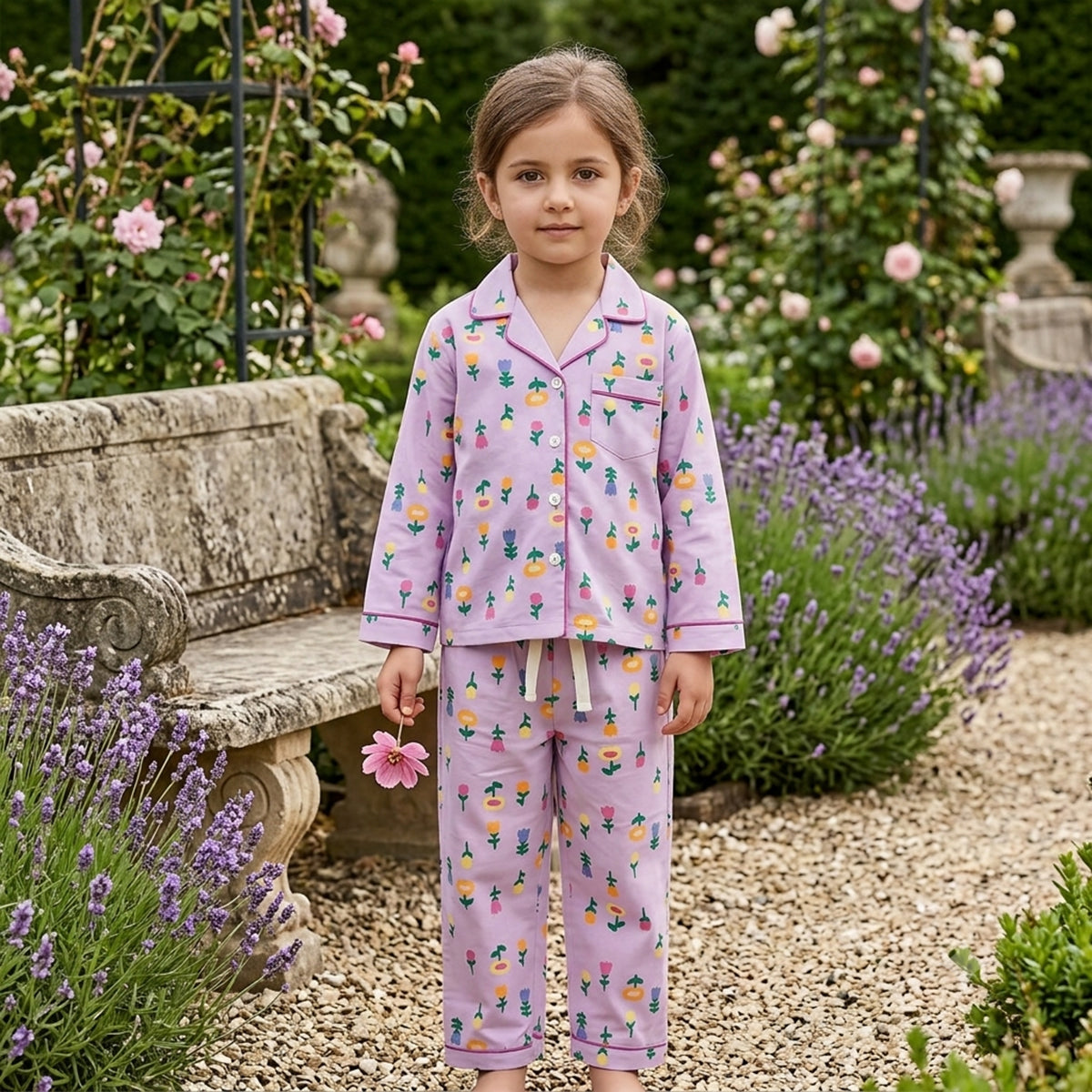 Girls Lilac Flower Print Button-Down Long-Sleeve Shirt & Pants Nightwear Set