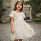 Girls Light Green Schiffli Embroidered Fit & Flare Dress With Golden Foil Print
