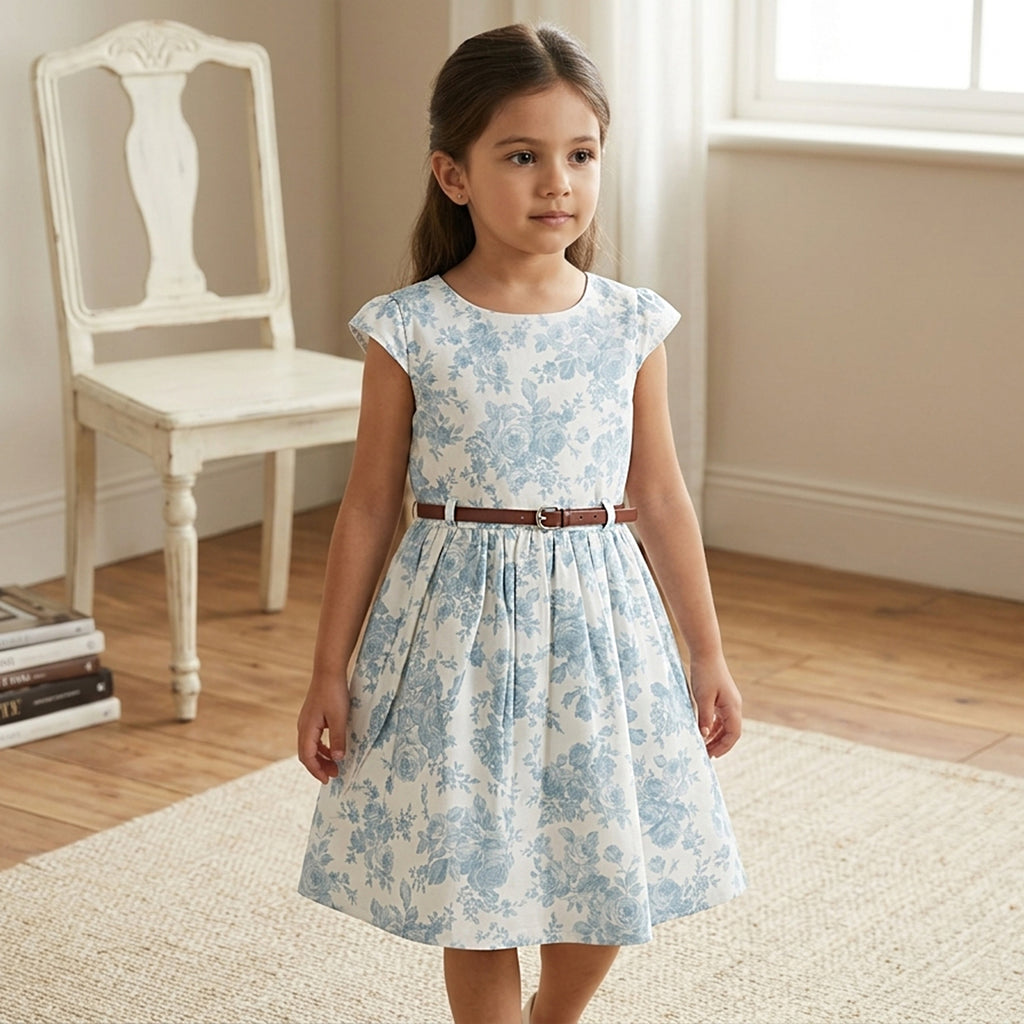 Girls White Caps Sleeve Floral Printed Fit & Flare Dress With PU Belt