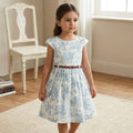 Girls White Caps Sleeve Floral Printed Fit & Flare Dress With PU Belt