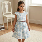 Girls White Caps Sleeve Floral Printed Fit & Flare Dress With PU Belt