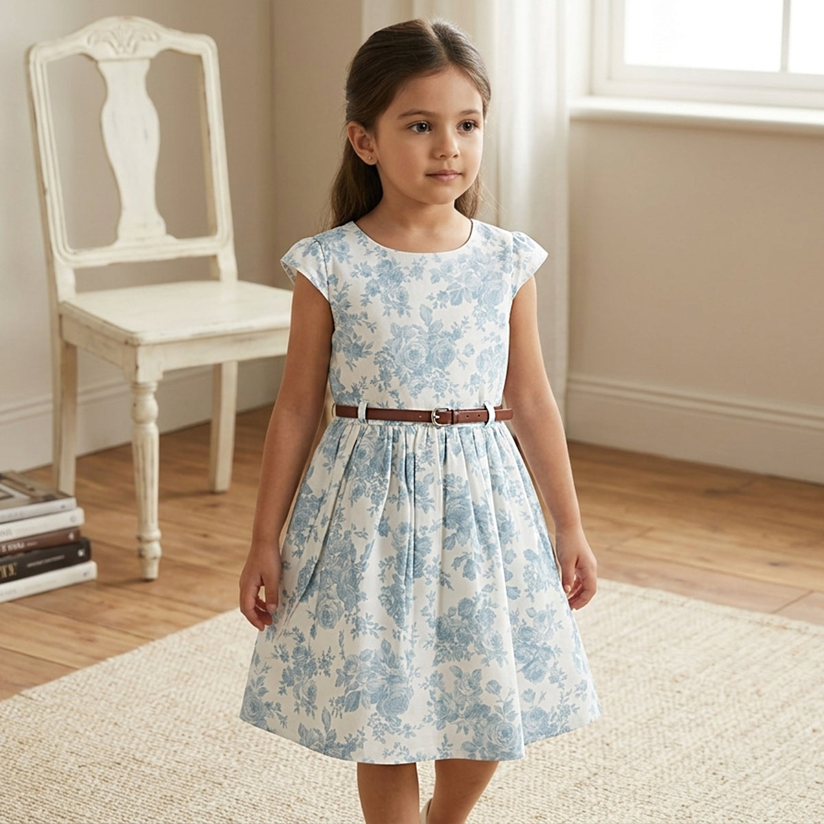 Girls White Caps Sleeve Floral Printed Fit & Flare Dress With PU Belt