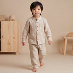 Boys Off White Mandarin collar Shirt With Elasticated Pants Set